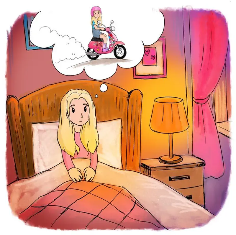 Blonde girl in bed dreaming about riding her pink scooter in thought bubble