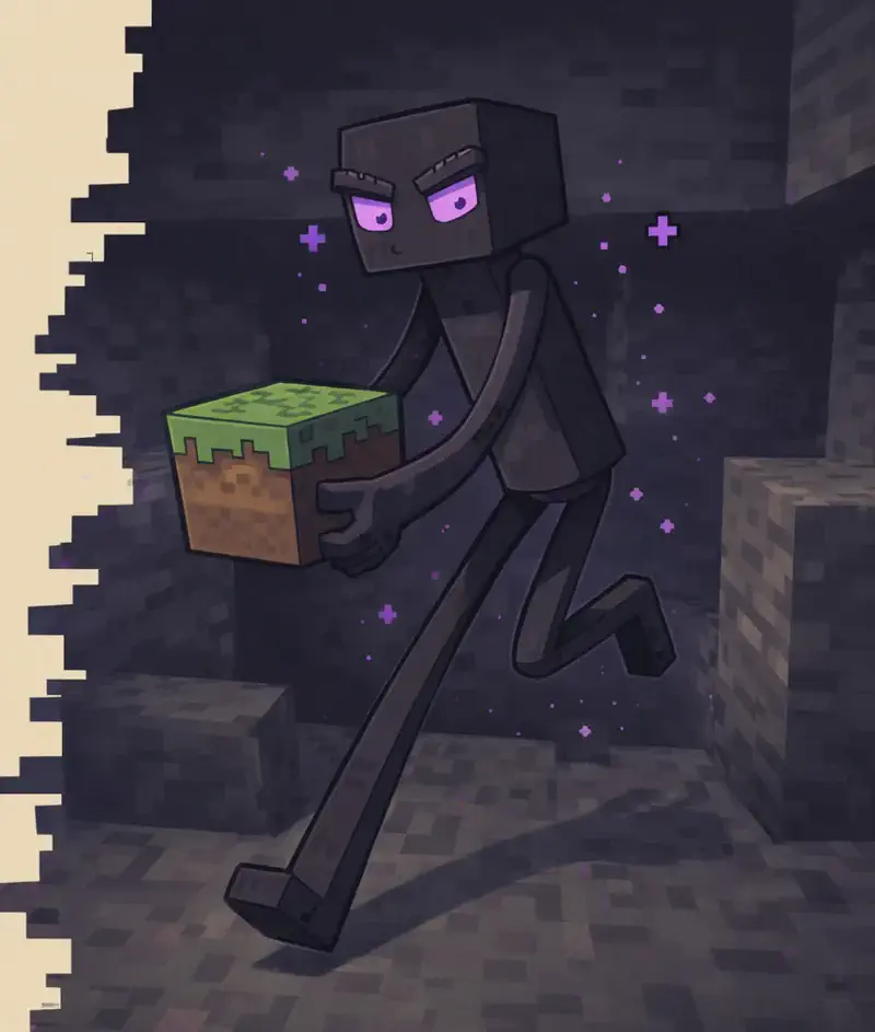 The Enderman stands in a dark stone cave, its distinctive glowing purple eyes visible in the shadows as it holds a grass block in its long arms. The tall, dark figure appears poised to teleport away, captured mid-motion as if darting off into the darkness. The scene is set at nighttime or in a deep underground cavern, with dim lighting creating an eerie atmosphere around the mysterious creature.