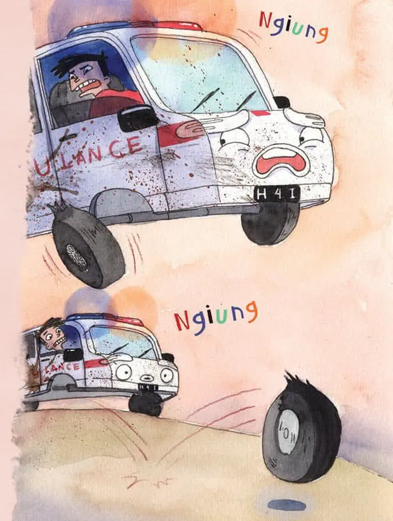 Cartoon ambulance with a face speeding and losing a wheel, driver looking worried, with siren sounds shown as text.