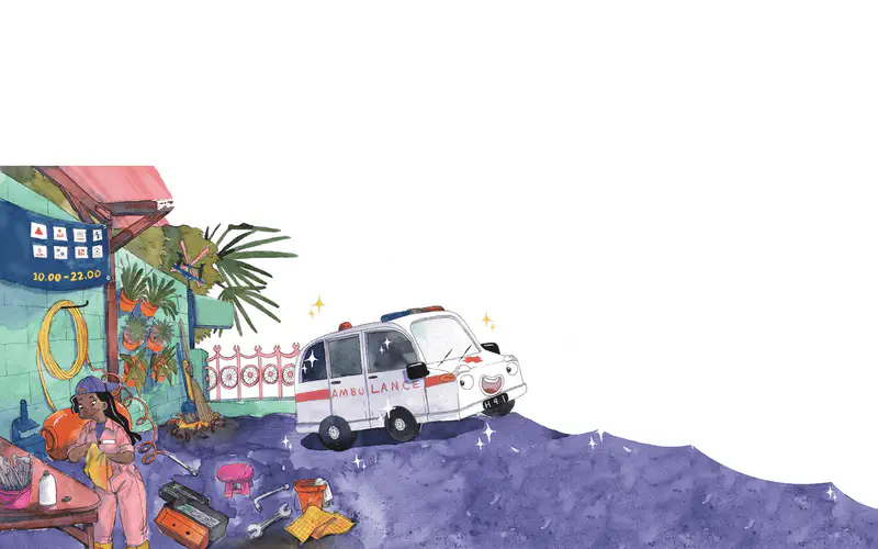 A happy ambulance with a friendly face passes by a tropical storefront with palm trees as a woman relaxes nearby on a purple road.