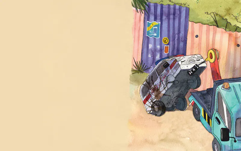 A broken-down ambulance looking worried waits beside a blue tow truck in front of purple and orange striped warehouse walls.