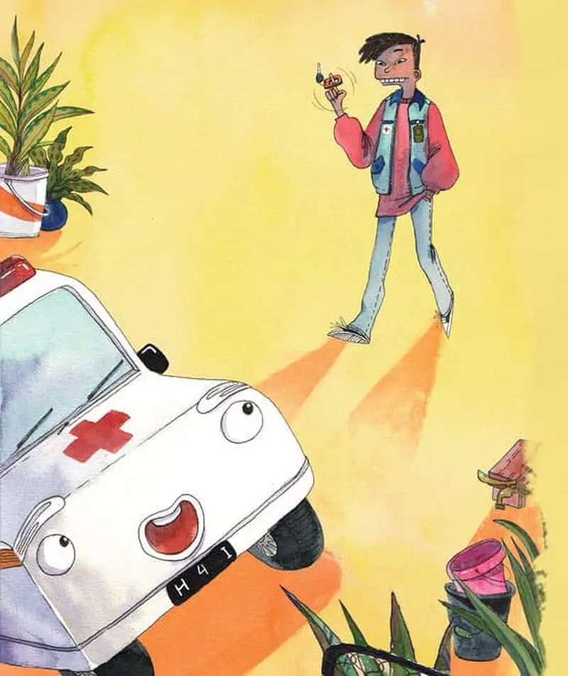 Man using a remote control device standing near a cartoon ambulance with a friendly face in a garden setting.