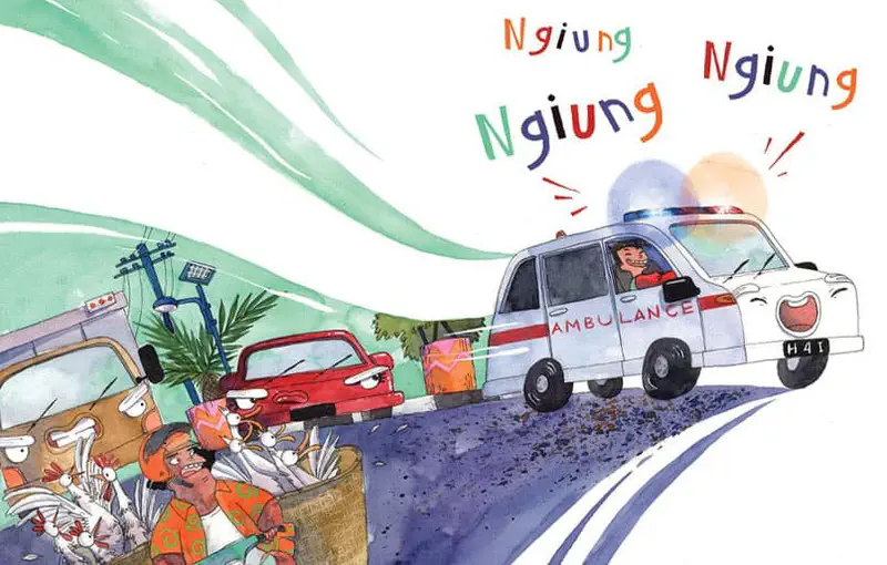 Ambulance speeding with sirens blaring past market vendors, cars making way on a busy street.