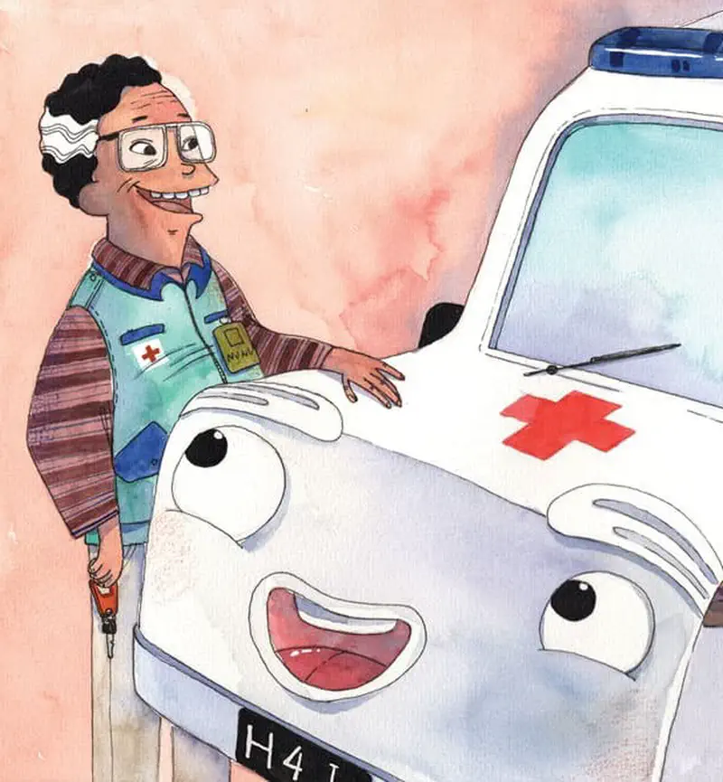 Mechanic with glasses patting a happy cartoon ambulance with a smiling face.