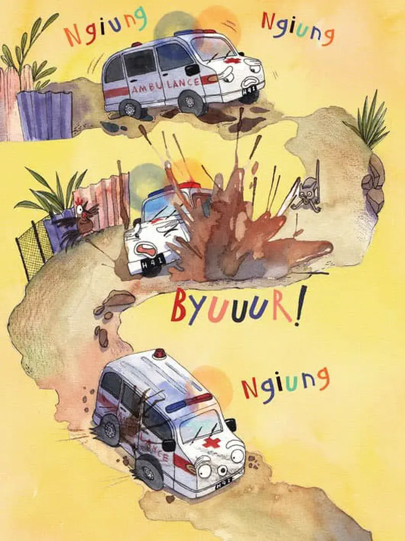 Bird's eye view of ambulance driving on purple road with rickshaw, green car, and pedestrians nearby.