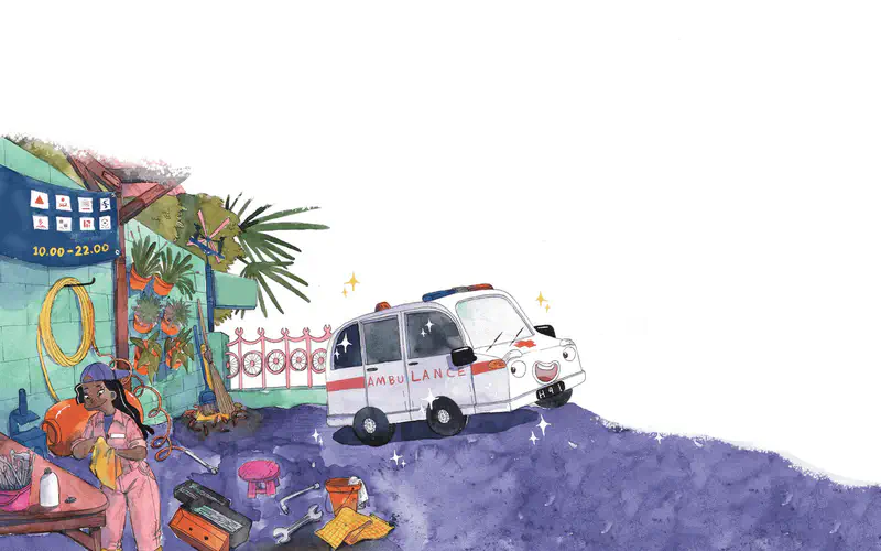 A smiling ambulance drives along a purple road past a colorful shop with palm trees where a woman sits outside with her belongings.