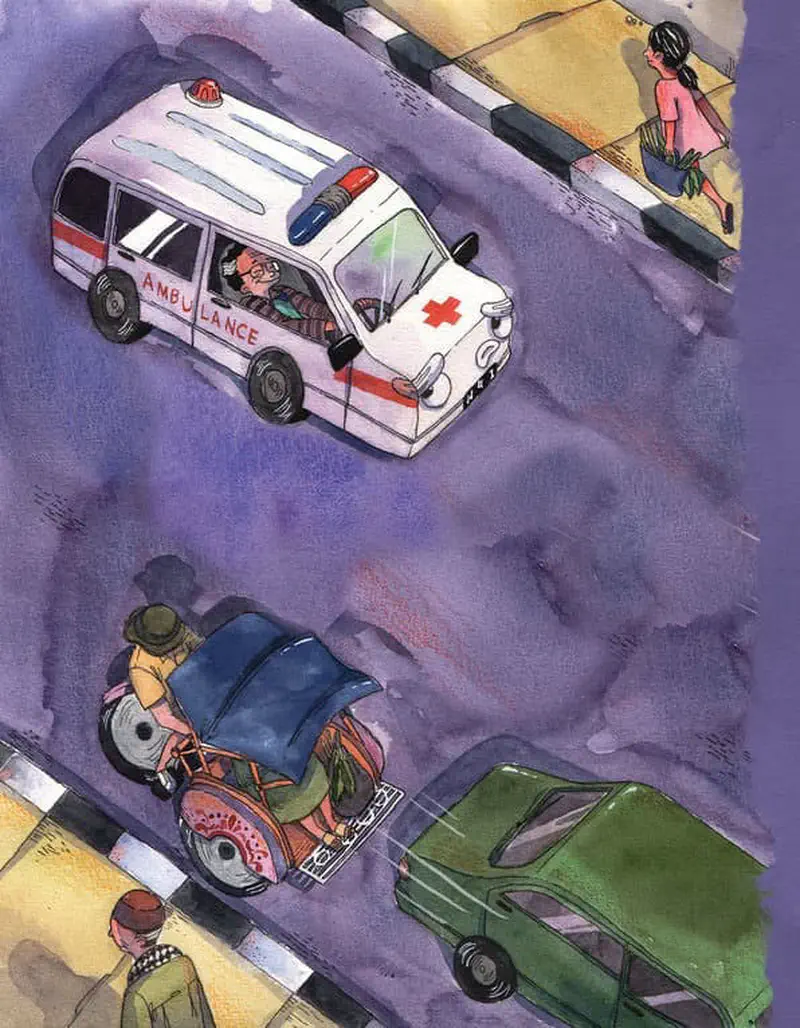 Cartoon ambulance with a face speeding and losing a wheel, driver looking worried, with siren sounds shown as text.