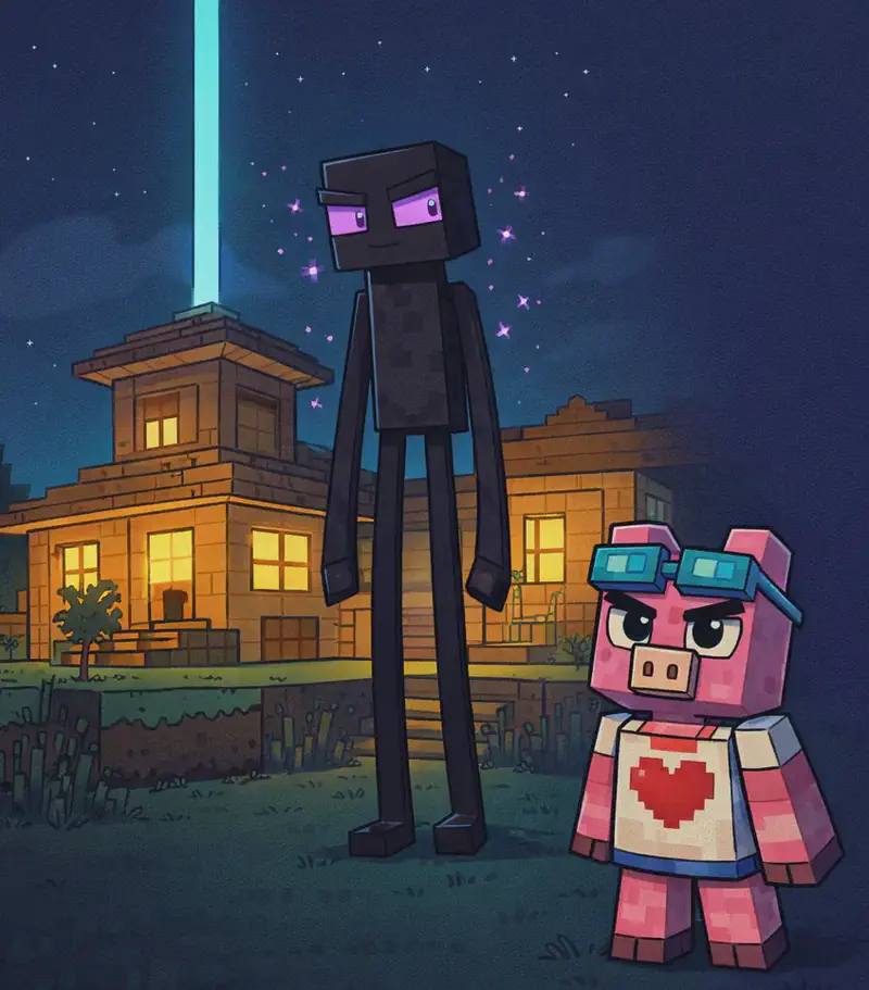 The scene takes place outdoors at night near a wooden suburban house. An Enderman stands tall and motionless behind the house, its glowing purple eyes visible in the darkness, while a bright blue beam of light shoots upward into the night sky from nearby. Fig Pig stands on the grass near the front of the house, appearing small and confused. The atmosphere is tense and dark, with the only illumination coming from the mysterious blue beam and the Enderman's eerie glowing eyes.