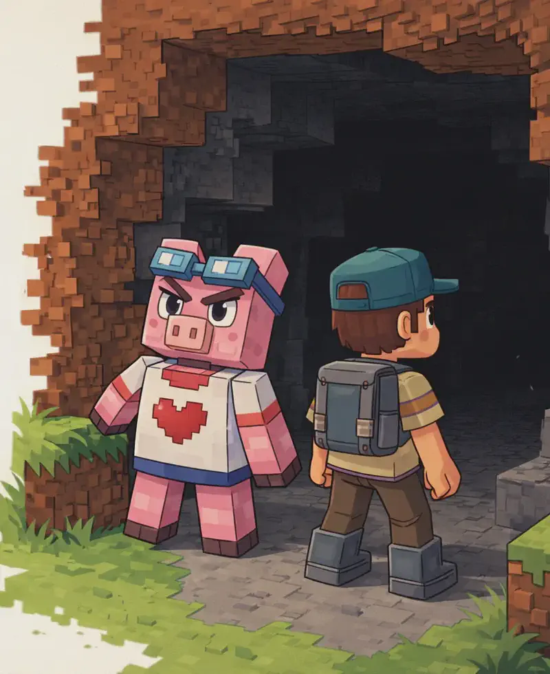 Fig Pig (wearing a white t-shirt with a red pixelated heart and teal-framed glasses on head) and the Player (in a beige/tan shirt with gray suspenders and backpack, wearing a dark teal-green backwards cap) stand at the entrance of a dark cave carved into a brown hillside. Fig Pig appears to be positioned at the threshold of the cave, peering into the shadowy interior with a determined posture, ready to investigate. The scene is set outdoors during daytime, with bright green grass visible outside contrasting with the dark gray stone inside the cave entrance. The blocky, pixelated environment suggests a Minecraft-style world.
