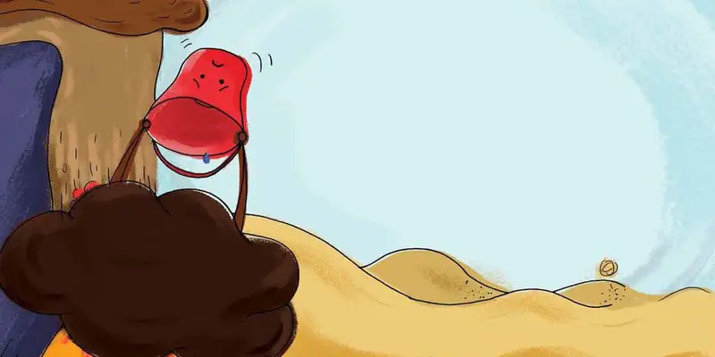 A girl with curly hair looks at her sad red bucket across sandy desert dunes under a bright sky.