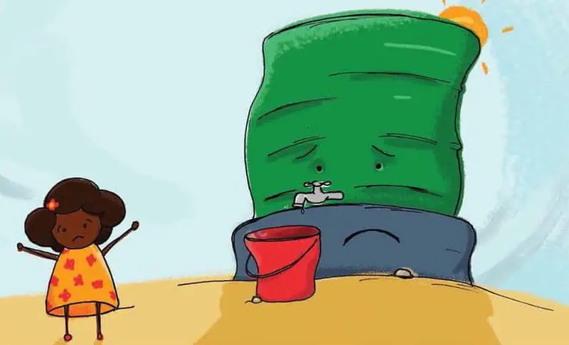 A concerned girl stands before a large sad green water tank with a tap dripping into a red bucket in a desert setting.