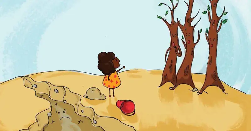 A girl looks at dried-up trees while a red bucket lies on sandy ground near a sad dried riverbed with rocks.