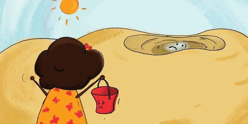 A girl holds a sad red bucket while looking at a nearly empty muddy pond with a sad face under the hot sun.