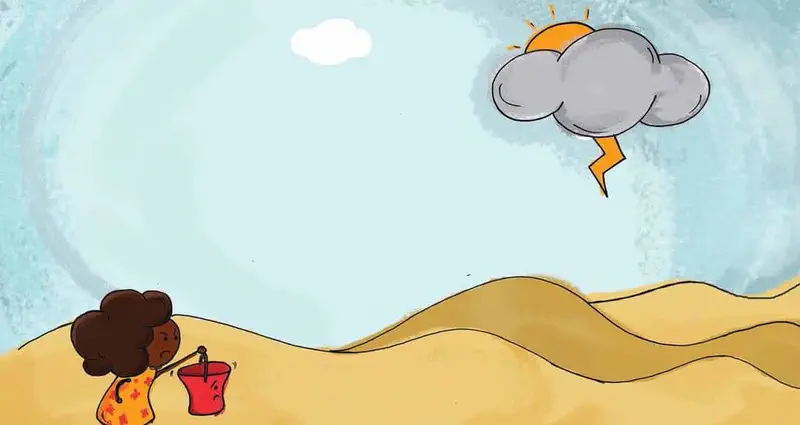 A girl carries a worried red bucket across sandy desert dunes as a storm cloud with lightning appears in the sky.