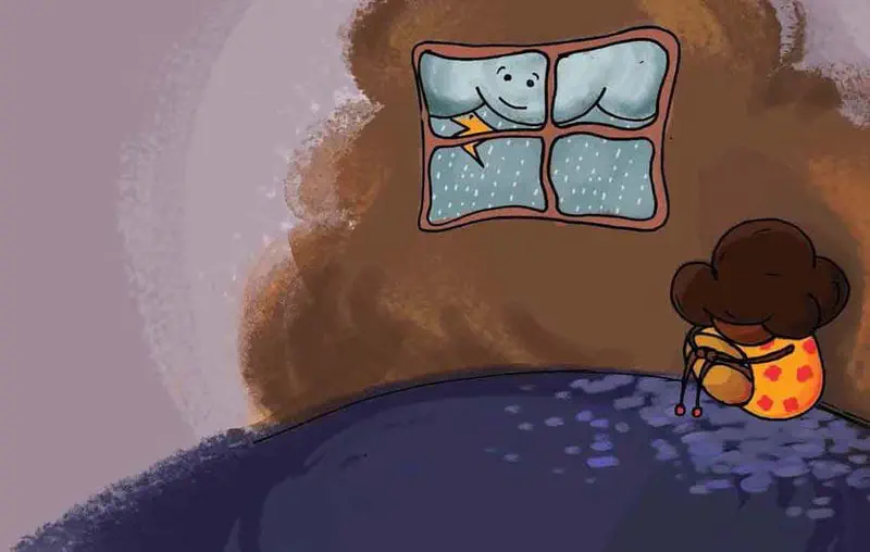 A girl sits happily indoors watching rain fall outside the window where a smiling cloud with lightning brings rain.