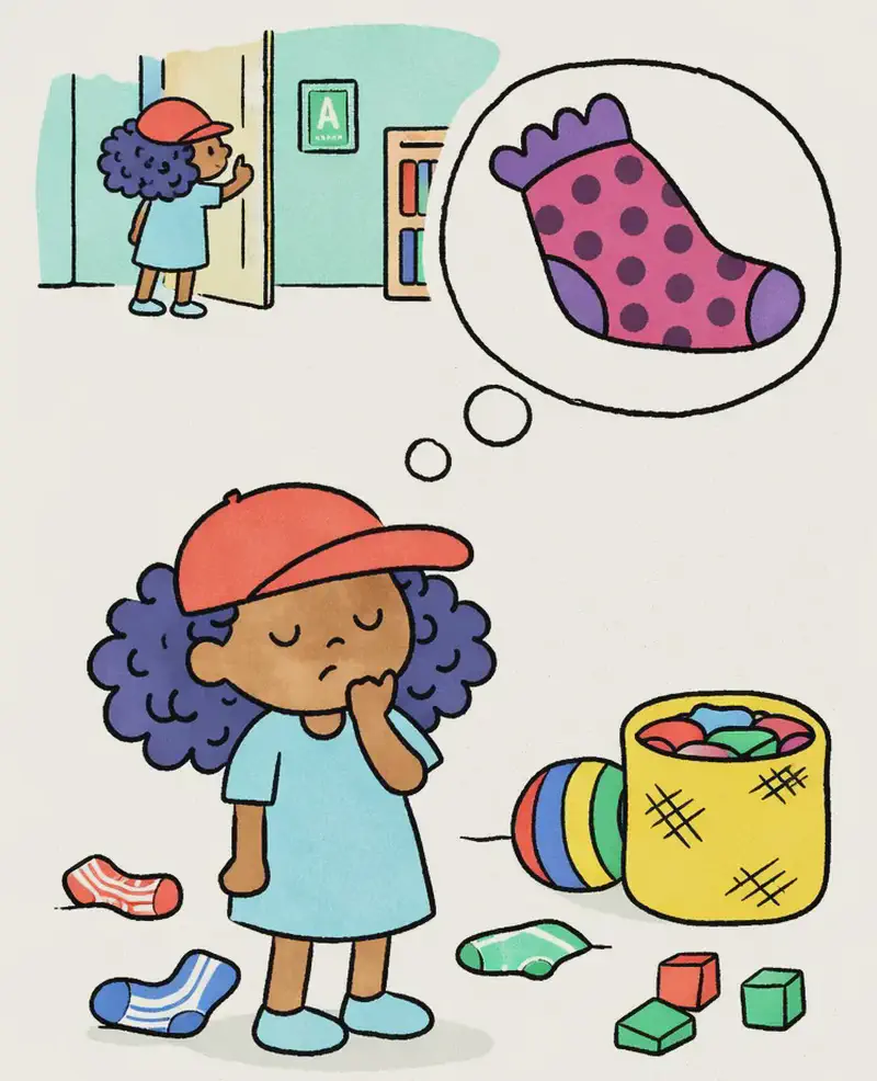 On the left side of the image, Alana stands in the lower-left area with one hand on her chin in a thoughtful pose, eyes closed, with a dreamy expression as she imagines her favorite socks. A thought bubble rises from her head showing a pink sock with purple spots, purple frills, and purple toes and heels. Behind her on the left is her bedroom with a bookshelf, a door, and a name sign on the wall. Scattered around her on the floor are various socks and small toys (blocks, a ball), along with a woven laundry basket filled with colorful clothing. A second smaller figure of Alana is visible in the upper-left background near the bedroom door, appearing to reach for something on the doorframe. The right side of the image is plain white background.