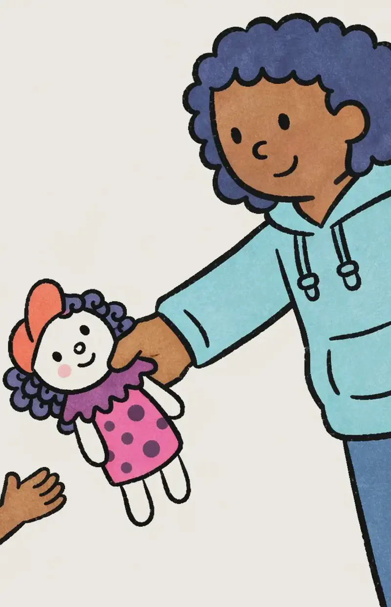 On the right side of the image, Mom's hands extend from the upper right, holding out a small handmade sock doll toward Alana. The doll has a smiling face, curly dark hair, an orange hat, a frilly purple collar, and a pink polka-dot dress with white dangling legs. Alana's smaller hand reaches in from the lower center-right, open and ready to receive the doll. The background is a soft, plain light blue-green, with no other objects or setting details visible — this is a close-up focused on the moment of the doll being passed between them.