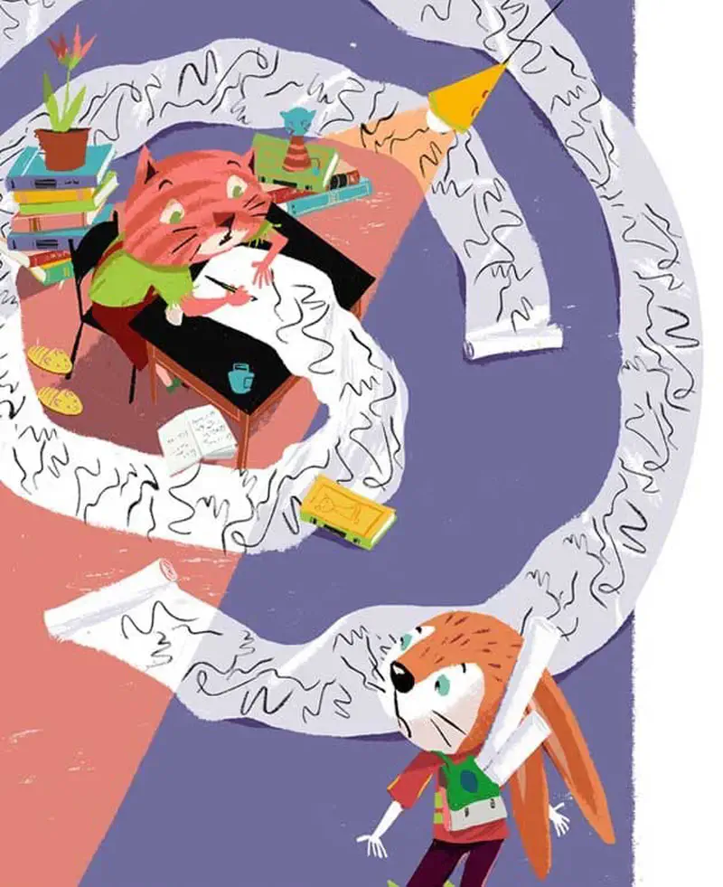 A rabbit student imagines a cat writing at a desk surrounded by books and papers, with a long scroll of writing swirling around them.