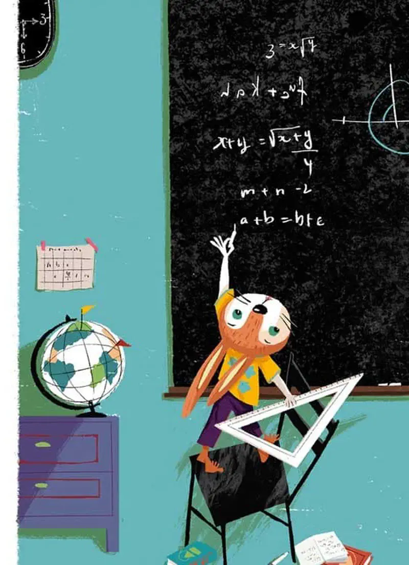A rabbit student raises hand eagerly in classroom holding a triangle ruler, with math equations on the blackboard and a globe nearby.