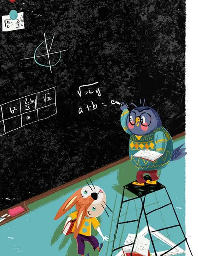 An owl teacher on a ladder writes math on a blackboard while a nervous rabbit student watches in a classroom setting.