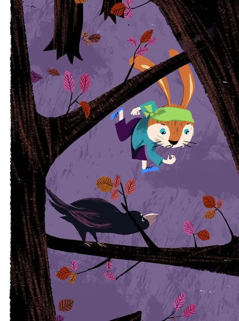 A rabbit wearing a green cap climbs through tree branches with autumn leaves while a black crow perches below.