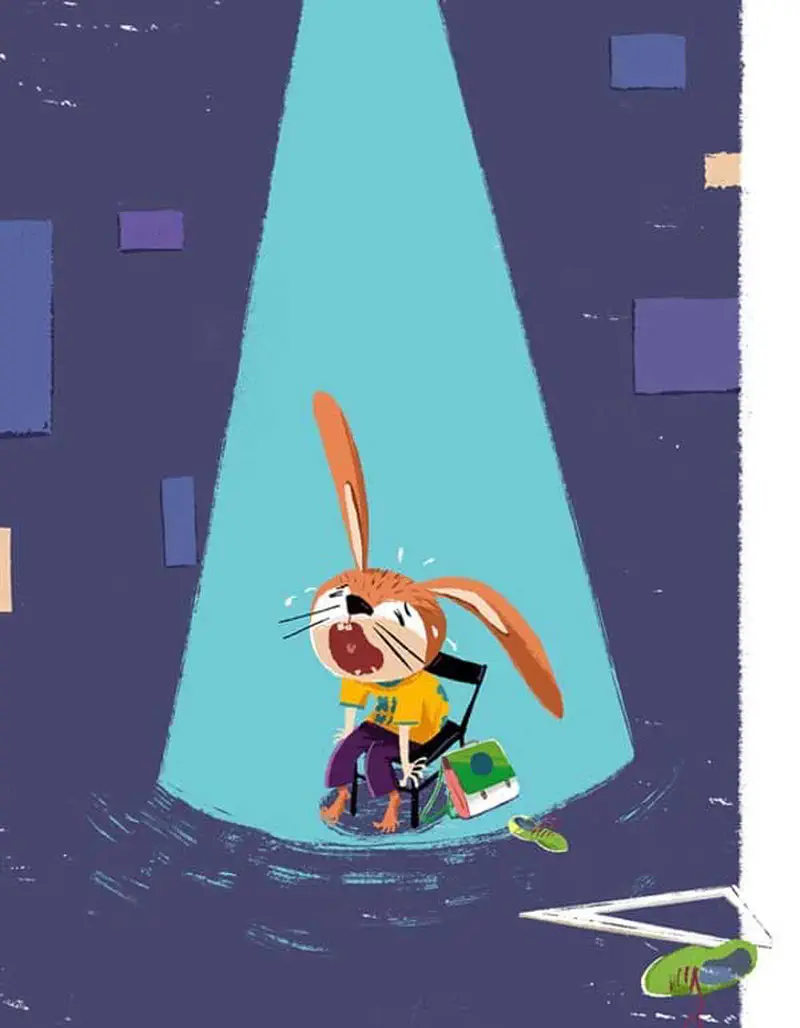 A crying rabbit sits alone on a chair under a spotlight in a dark room with scattered school supplies on the floor.