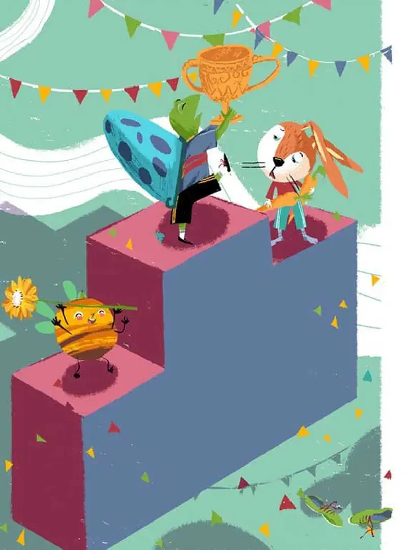 A frog holds a trophy on a winner's podium while shaking hands with a rabbit, with colorful bunting and confetti celebrating victory.