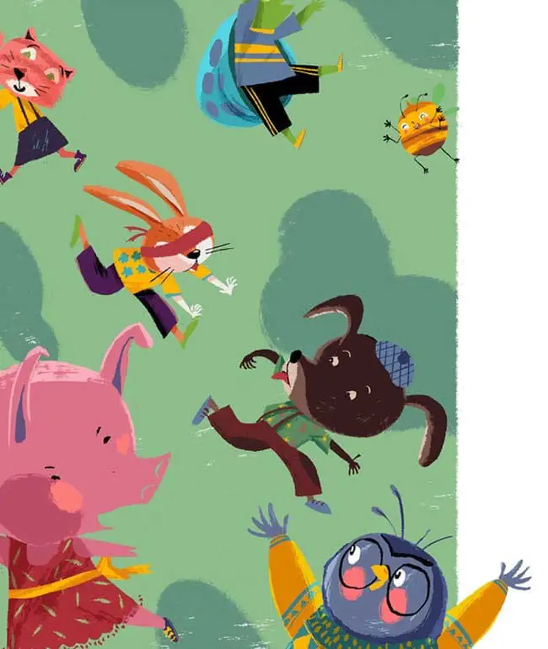 Animal classmates including a rabbit, elephant, dog, owl, frog, cat, and bee play together on green grass during recess.