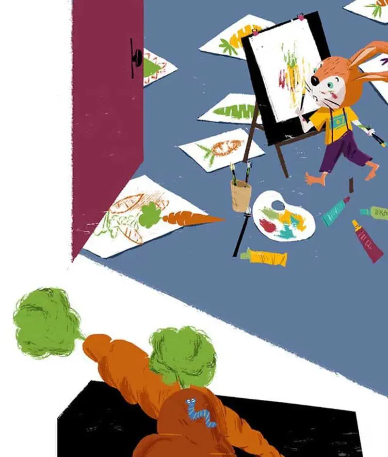 A rabbit paints carrots at an easel surrounded by artwork and paint supplies, while real carrots appear in the foreground.