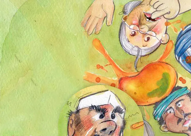 A grandmother looks embarrassed as a mango splashes on her head while surprised onlookers including a chef and others watch nearby.