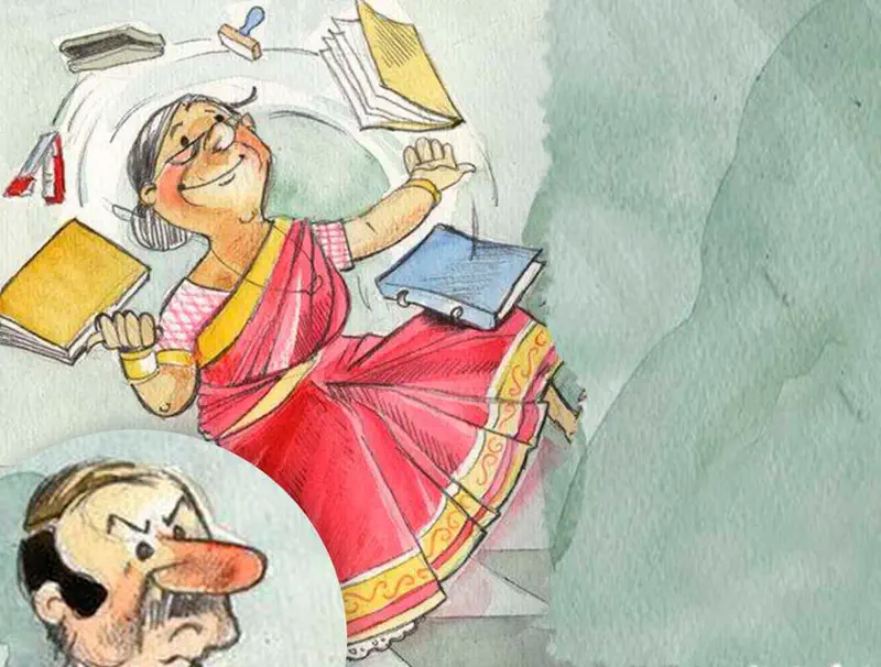A joyful woman in a red sari juggles books and papers in the air while a grumpy man with an eyepatch watches from below.