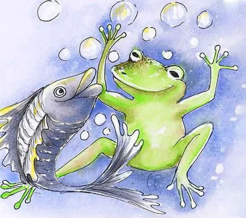 A happy green frog with arms raised reaching for bubbles while a gray fish watches nearby in blue water.