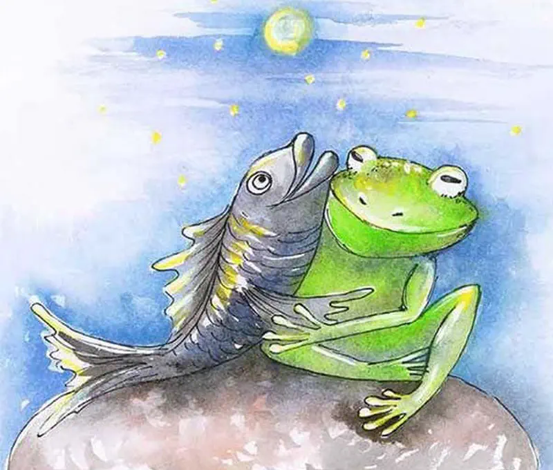 A green frog and gray fish sitting together on a rock under a starry night sky with a glowing moon.
