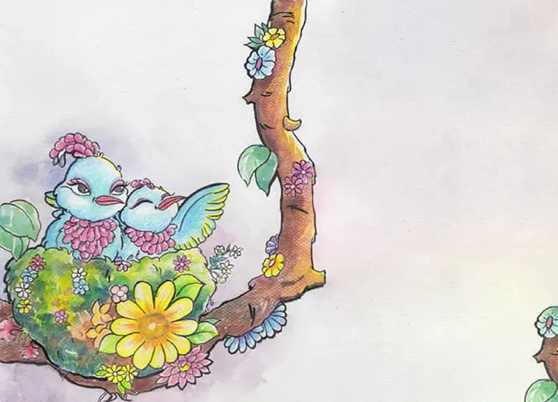 Two blue birds with pink feathers cuddling in a colorful nest decorated with yellow and pink flowers on a tree branch.