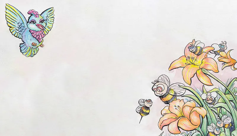 A colorful blue bird flying while bumblebees buzz around orange lily flowers in a garden.