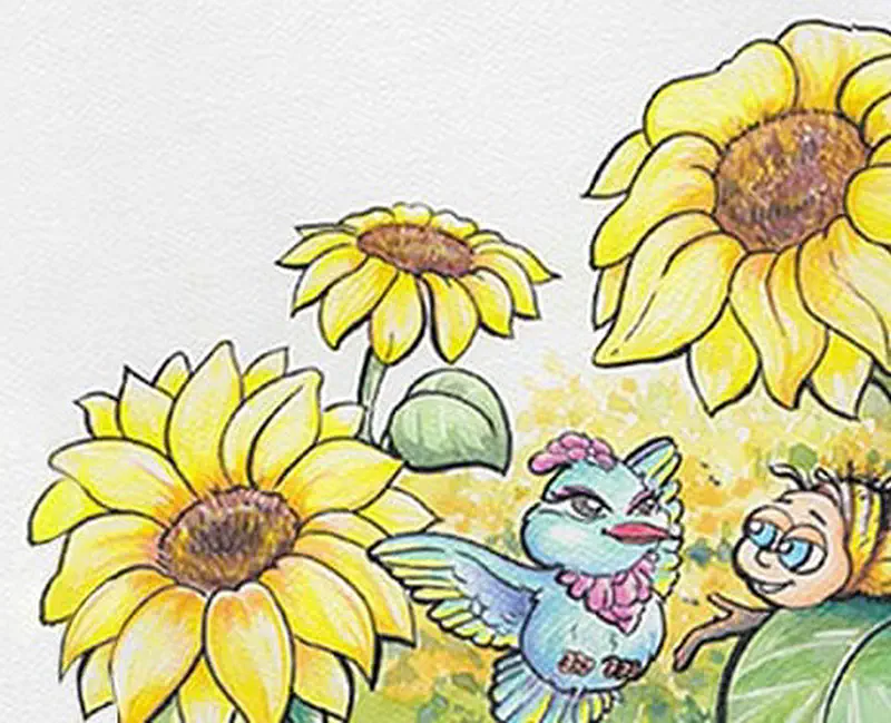 A small blue bird with pink feathers standing among tall yellow sunflowers next to a friendly bumblebee.