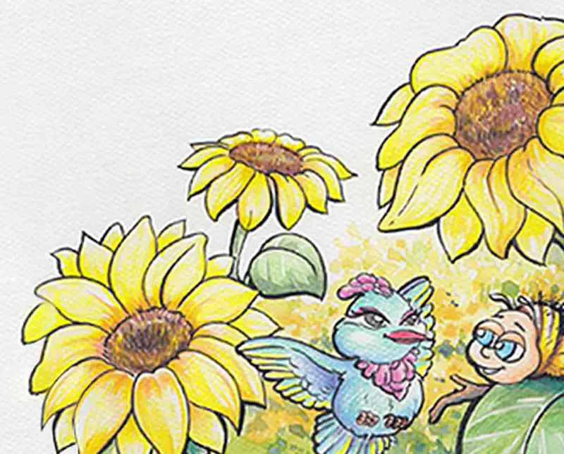 A small blue bird standing among bright yellow sunflowers while a friendly bumblebee peers from behind a leaf.
