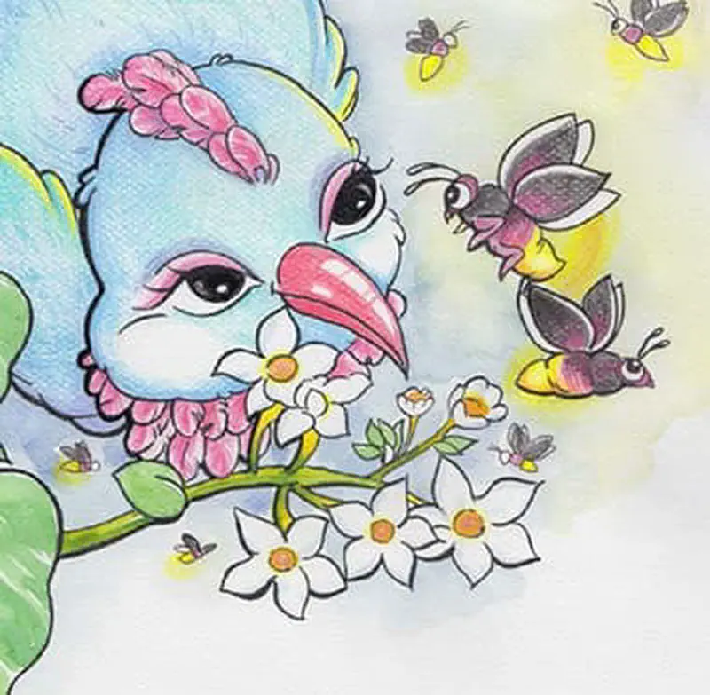 A blue bird smelling white flowers while glowing fireflies and bees fly around in the evening light.