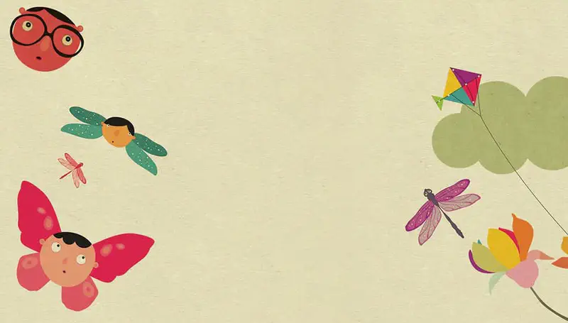 Children imagining themselves flying with butterfly and dragonfly wings, alongside clouds, a kite, a flower, and insects.