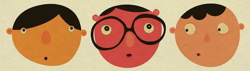 Three children's faces in a row showing different skin tones, with the middle child wearing round glasses.