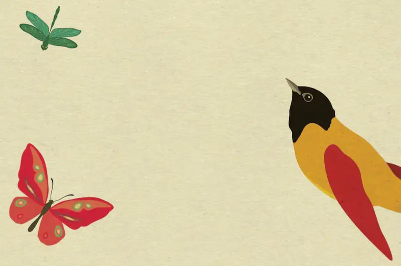 A green dragonfly, red butterfly, and yellow bird with black head and red wings spread across an open sky.