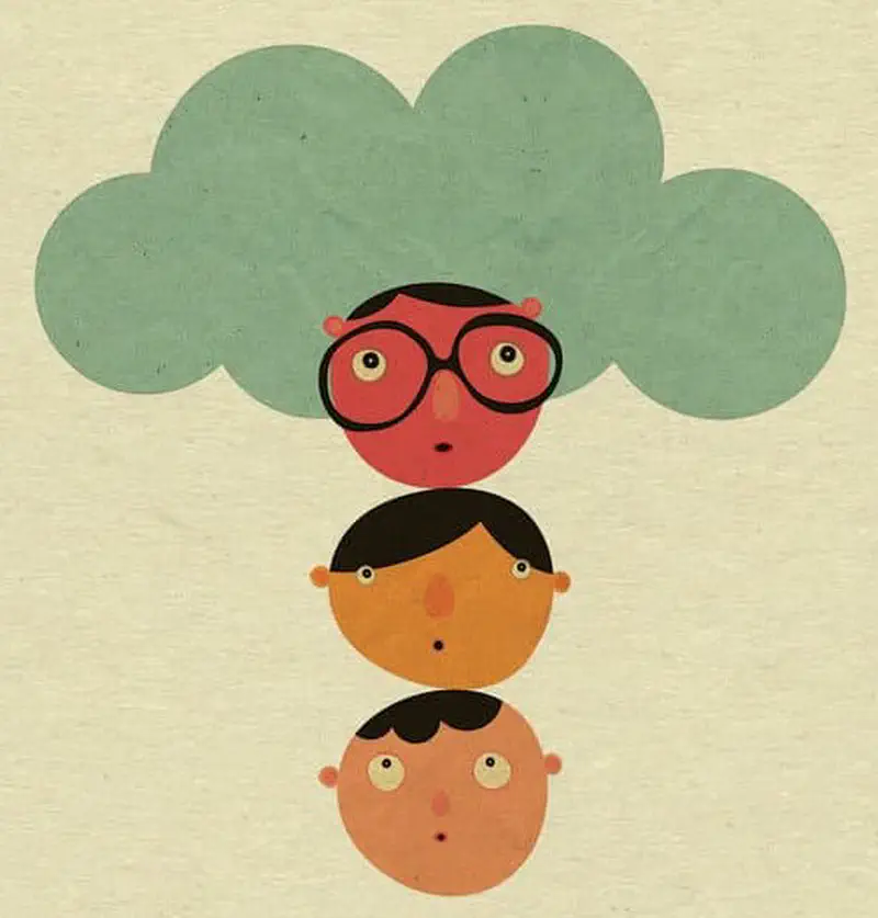 Three children stacked vertically beneath a large green cloud, with the top child wearing red glasses.