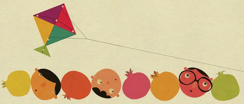 A row of eight children's faces in various colors watching a colorful kite flying in the sky.