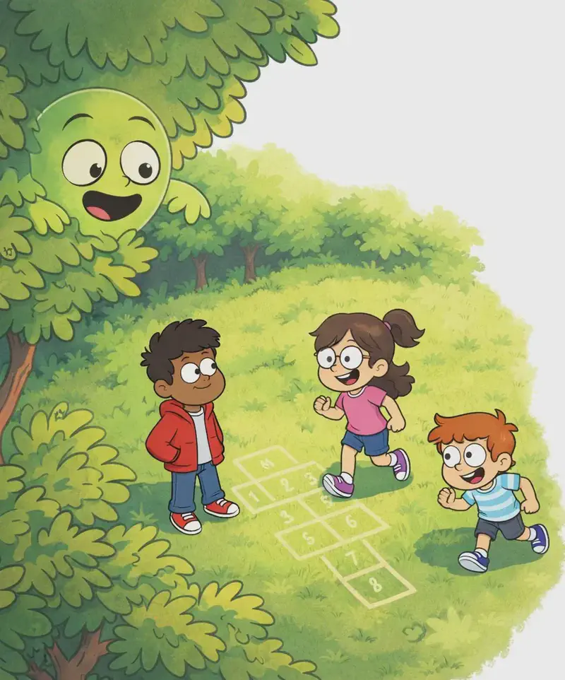 On the left side of the image, Gad — a small round translucent green ghost — peeks out from behind leafy treetops with wide, curious eyes and a surprised, excited expression, looking down from above at a park below. The scene is shown from a bird's-eye view framed by green tree canopy, where the kids are seen from above playing on a grassy field — the dark-skinned boy in a red hoodie, the girl with glasses in a pink top, and the smaller boy in a blue-and-white striped shirt — some running and some standing together near a hopscotch court. The outdoor setting is bright and sunny, with lush green trees surrounding the open play area. The right ~40% of the image is plain white background.
