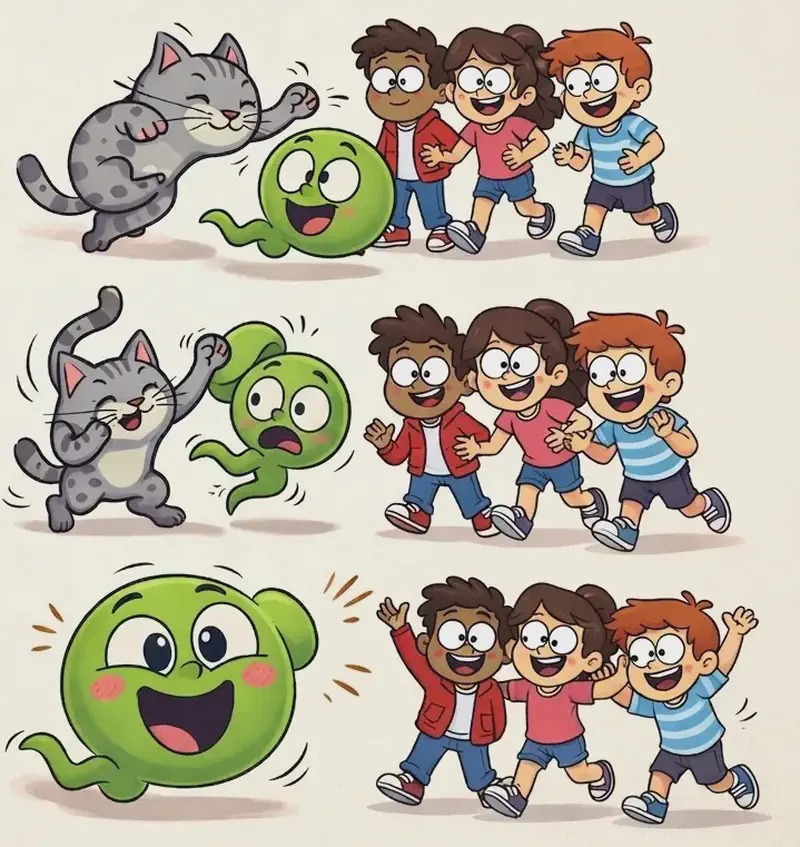 On the right side of the image, a comic-strip sequence of three rows shows the action unfolding. In the top row, Cat — a small round-bodied gray tabby with white muzzle — pounces and swats at Gad-balloon with boxing paws, while Gad squishes and bends flexibly to dodge, and the kids huddle together watching with wide eyes. In the middle row, Cat leaps and flops about energetically as Gad stretches into silly shapes and pulls funny faces, with the kids starting to grin and giggle. In the bottom row, Gad makes a big, goofy face close-up with rosy cheeks and a wide smile, while the three kids — the dark-skinned boy in a red hoodie, the girl with glasses in a pink top, and the smaller boy in a blue-and-white striped shirt — jump and cheer with their arms up, laughing joyfully, one of them saying 'You're not a scary ghost after all!' The left ~40% of the image is plain white background.