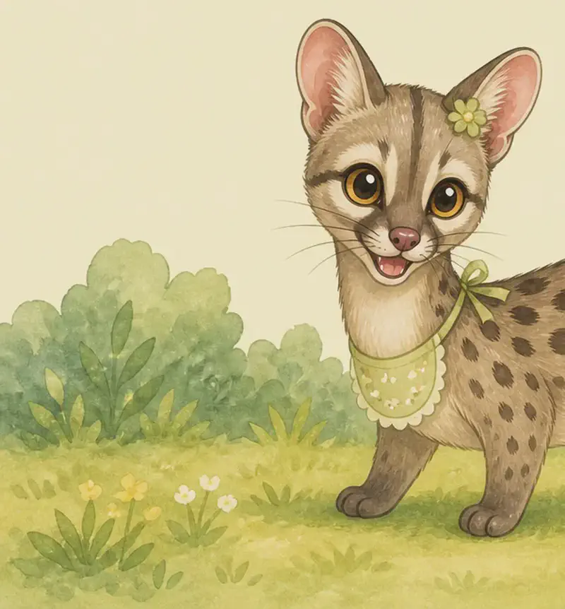 Introduce Gertrudis. Show her full body in a clear pose so her long head, short legs, and long ringed tail are all visible. She looks friendly and a little catlike. Setting: park grass or a soft natural backdrop. Mood: warm introduction.