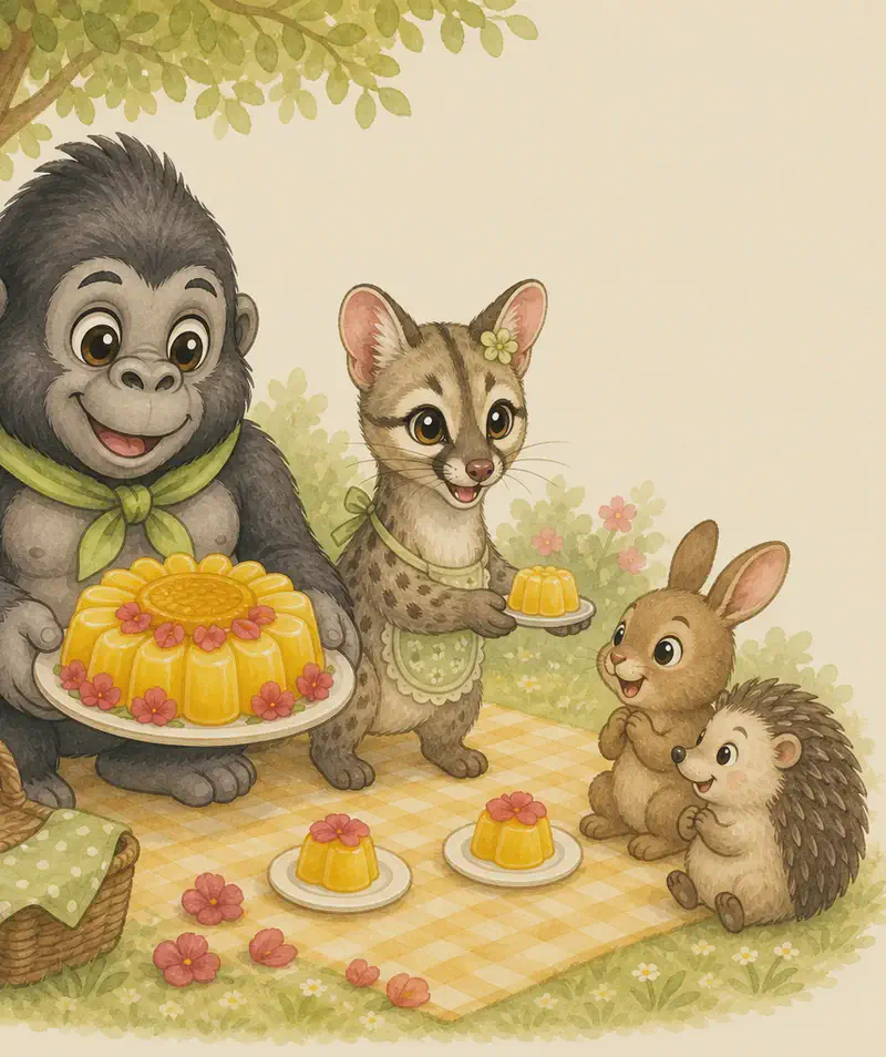 Gabito holds out a beautiful golden-yellow sunflower-gelatin dessert decorated with pink/red geranium petals while Gertrudis hands a small piece to one or two unnamed park-animal friends nearby. Mood: generous sharing.