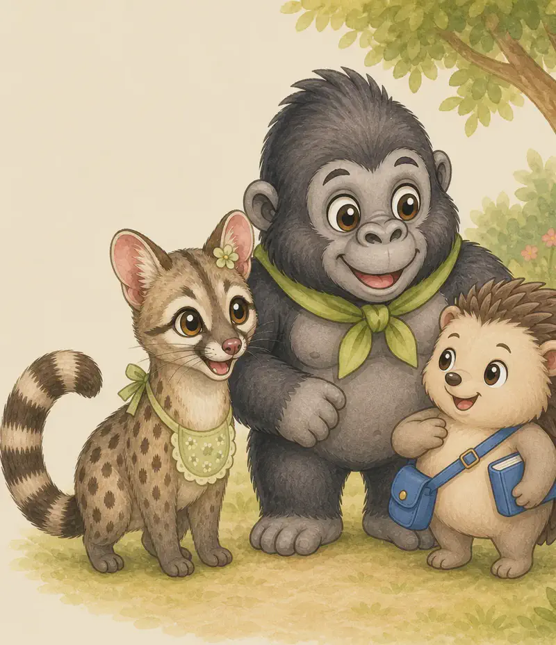 All three stand together in a friendly huddle. Enrique looks excited and is gesturing toward himself with one paw, volunteering to help. Gertrudis and Gabito both smile warmly at him. Mood: agreement and teamwork.