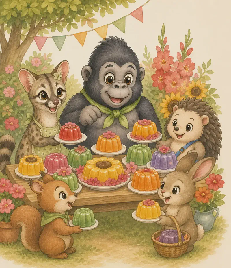 Gertrudis, Gabito and Enrique stand behind a small wooden table piled with many colourful gelatin desserts decorated with geraniums, gladioli and sunflowers. One or two unnamed park-animal customers are happily taking gelatin. Mood: bustling, successful sale.