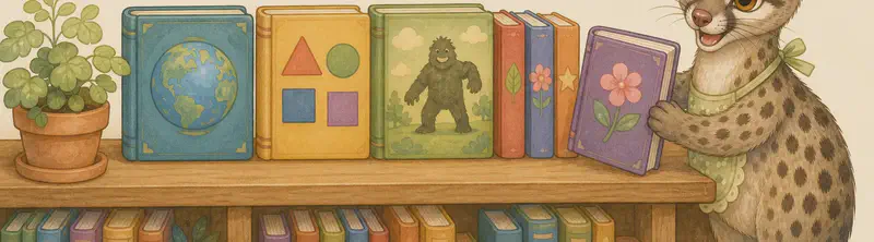 A small stack of colourful books on a simple low shelf or table. The books should suggest a range of topics (one shows a simple globe-like shape, another simple shapes, another a hint of a giant silhouette) without using any letters or numbers. No characters are required, but a small silhouette or single named character (e.g., Gertrudis or Enrique) carrying or arranging one book is fine. Mood: warm celebration of new books.